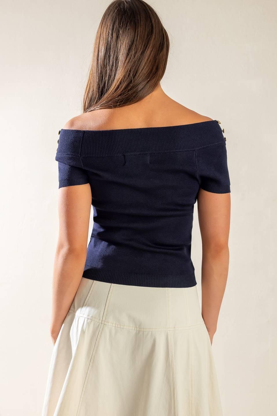 Time for Tea Off Shoulder Sweater Top in navy, view 6 — Soul Flow Apparel