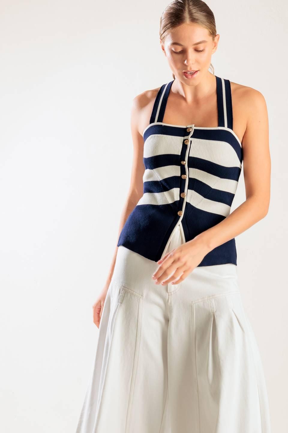 Shine Bright Navy Knit Top in white, view 2 — Soul Flow Apparel