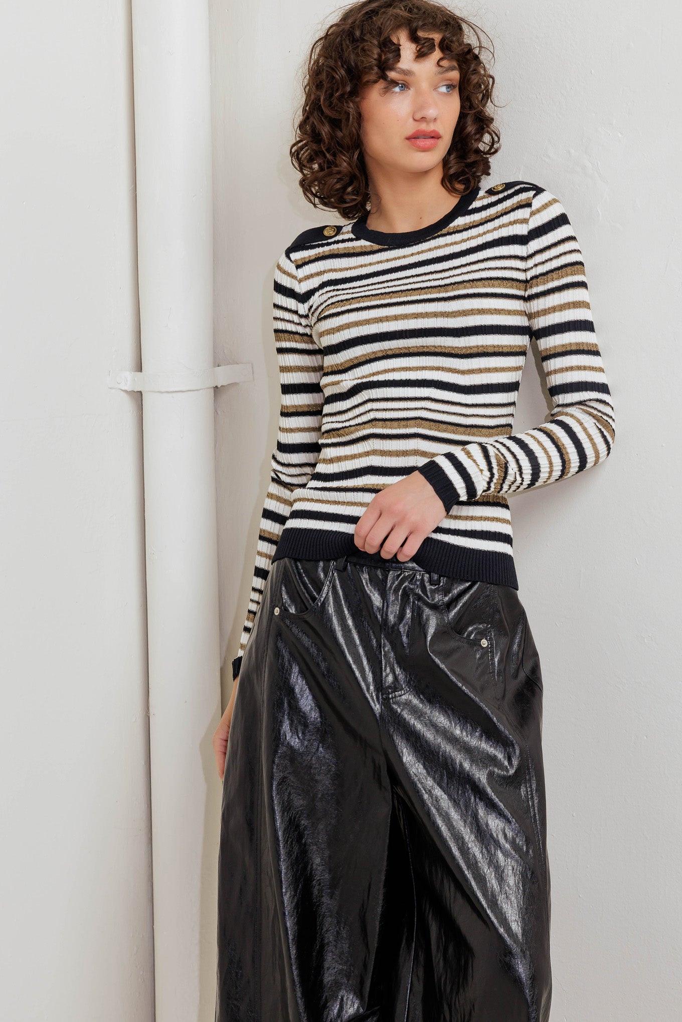 Sweet Stripe Muse Sweater Knit Top in black white gold, view 1 — Soul Flow Apparel