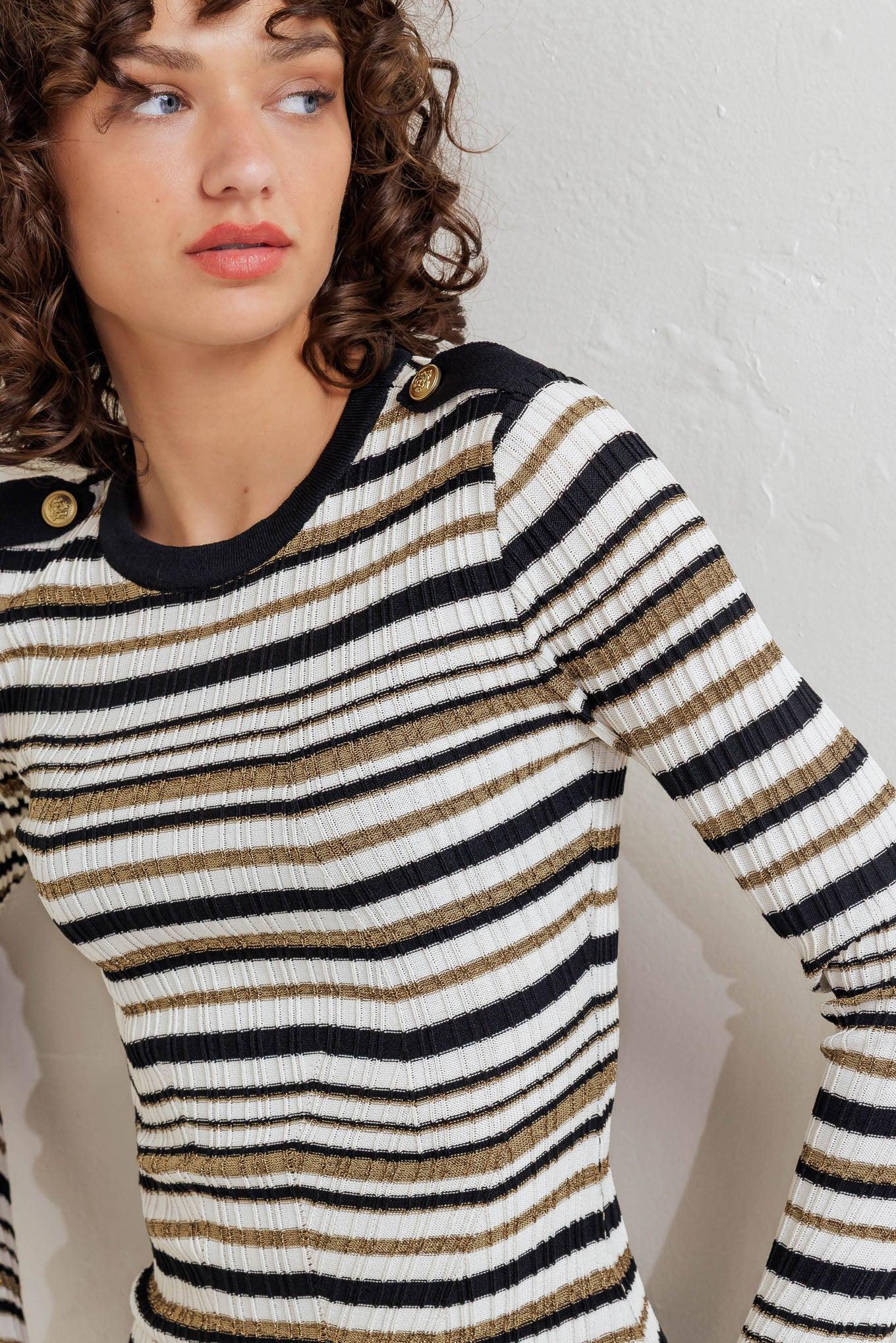 Sweet Stripe Muse Sweater Knit Top in black white gold, view 2 — Soul Flow Apparel