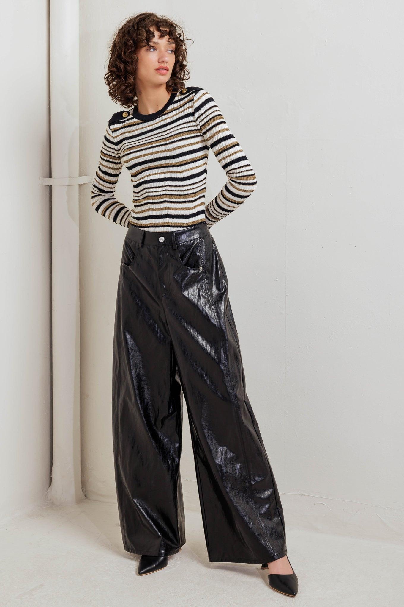 Sweet Stripe Muse Sweater Knit Top in black white gold, view 3 — Soul Flow Apparel