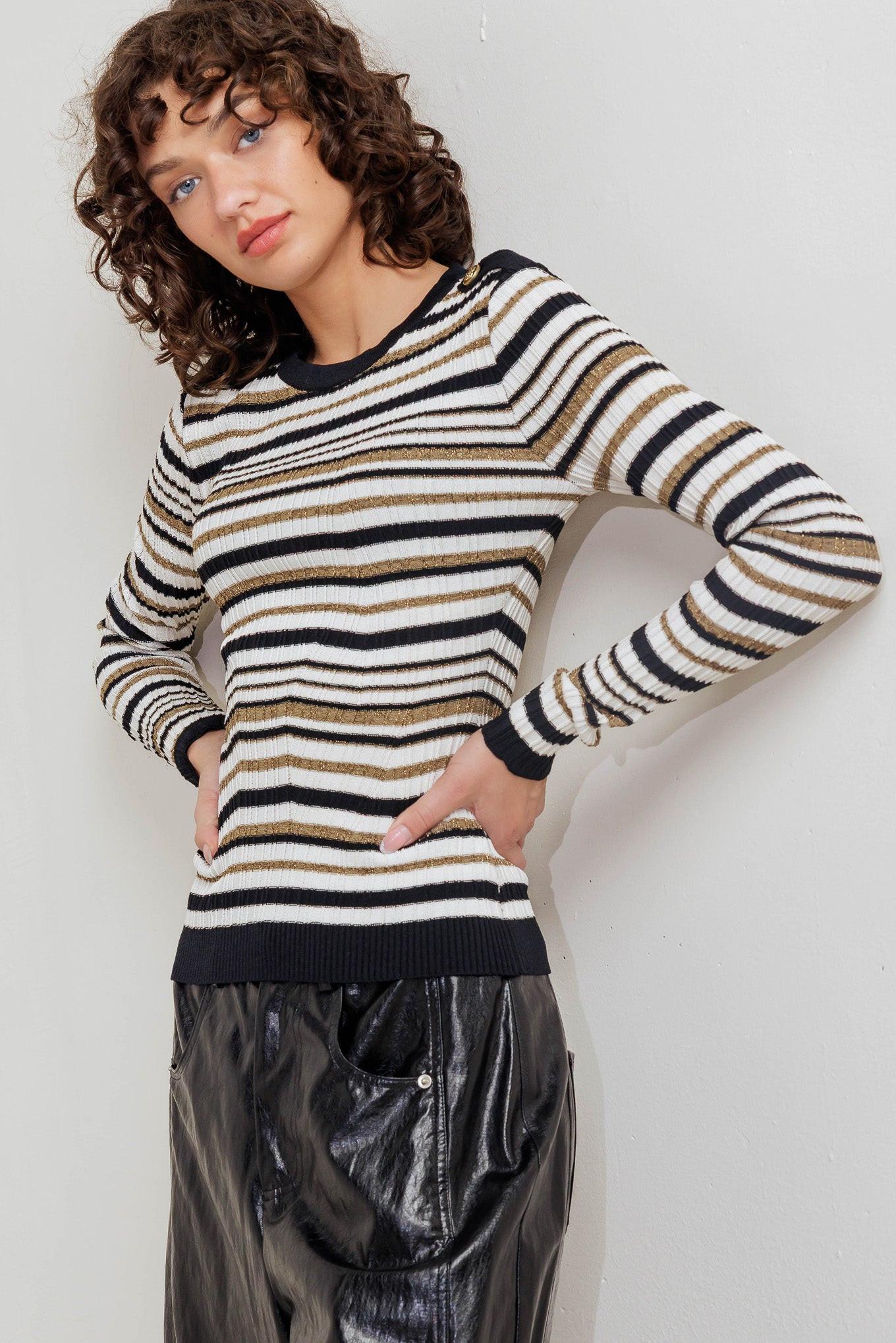 Sweet Stripe Muse Sweater Knit Top in black white gold, view 6 — Soul Flow Apparel