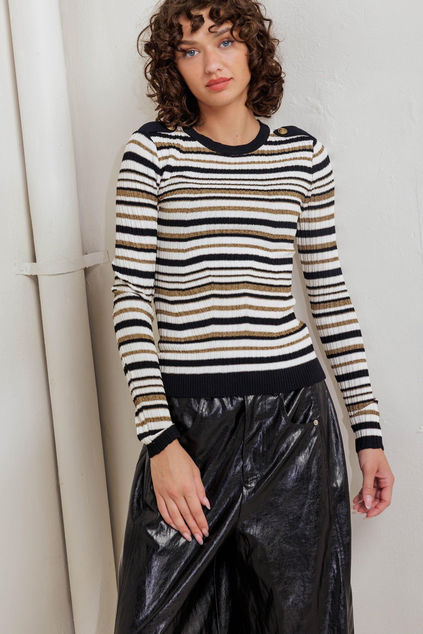 Sweet Stripe Muse Sweater Knit Top in black white gold, view 7 — Soul Flow Apparel