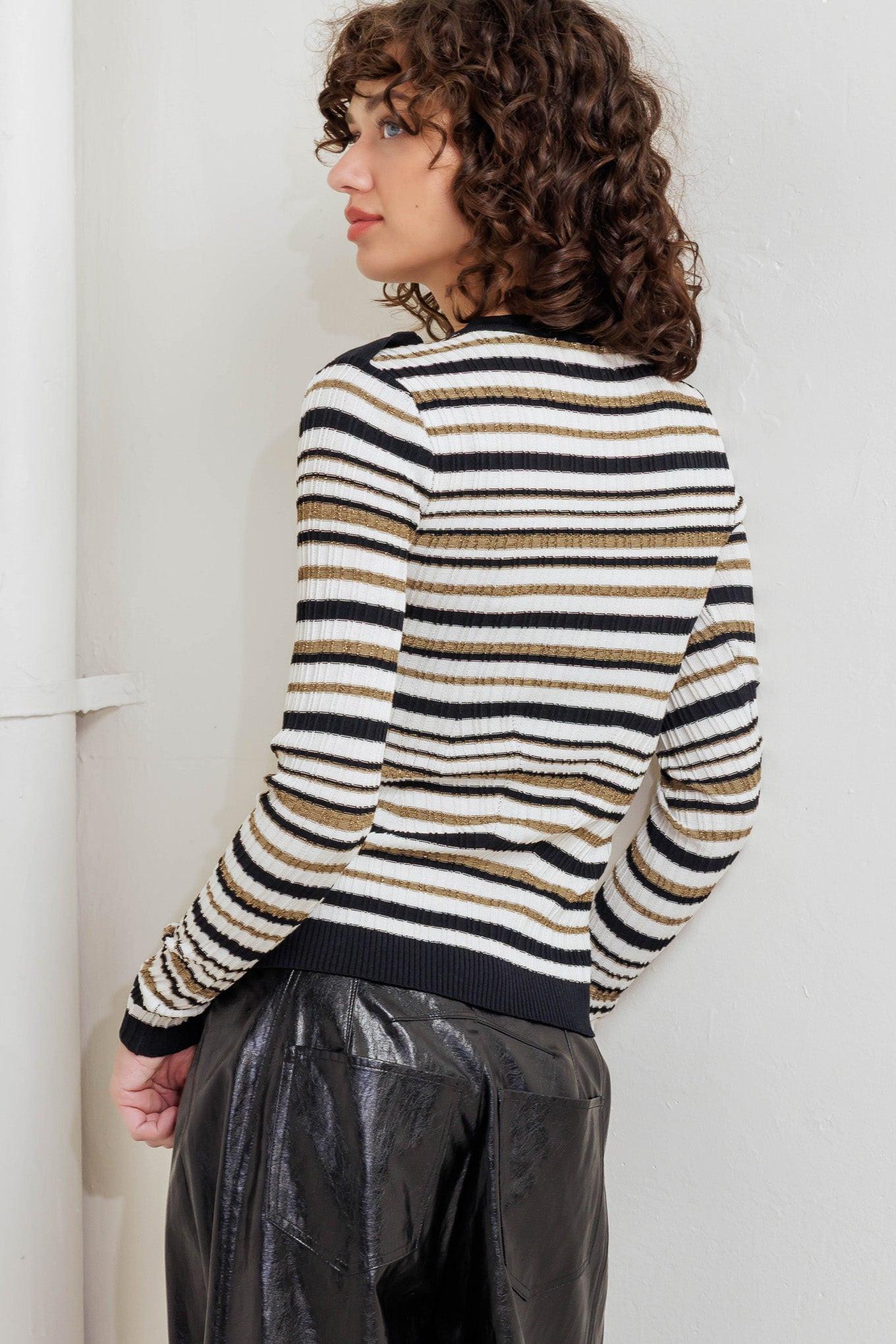Sweet Stripe Muse Sweater Knit Top in black white gold, view 8 — Soul Flow Apparel