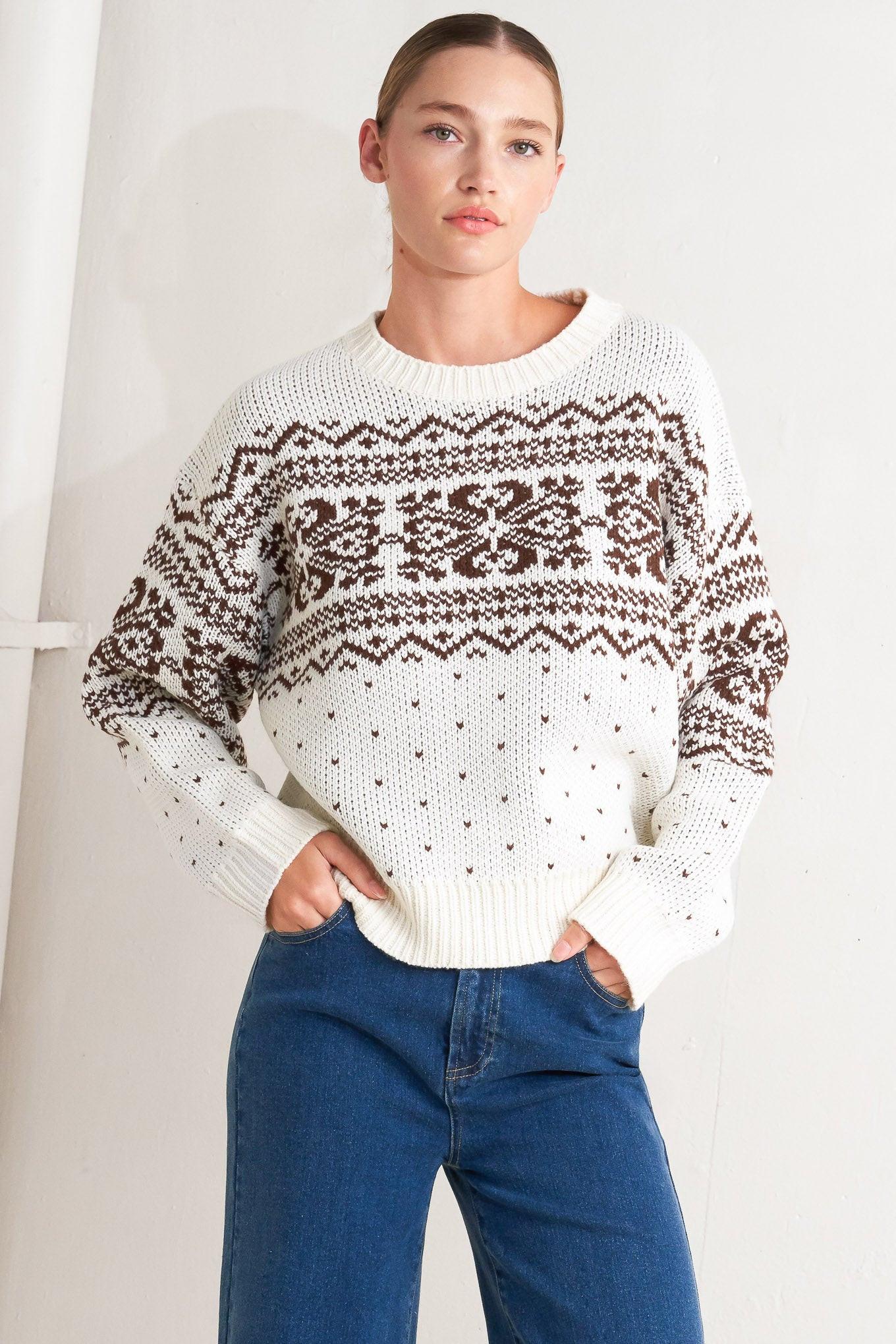 Snowflake Glam Pullover Sweater Top in cream brown, view 3 — Soul Flow Apparel