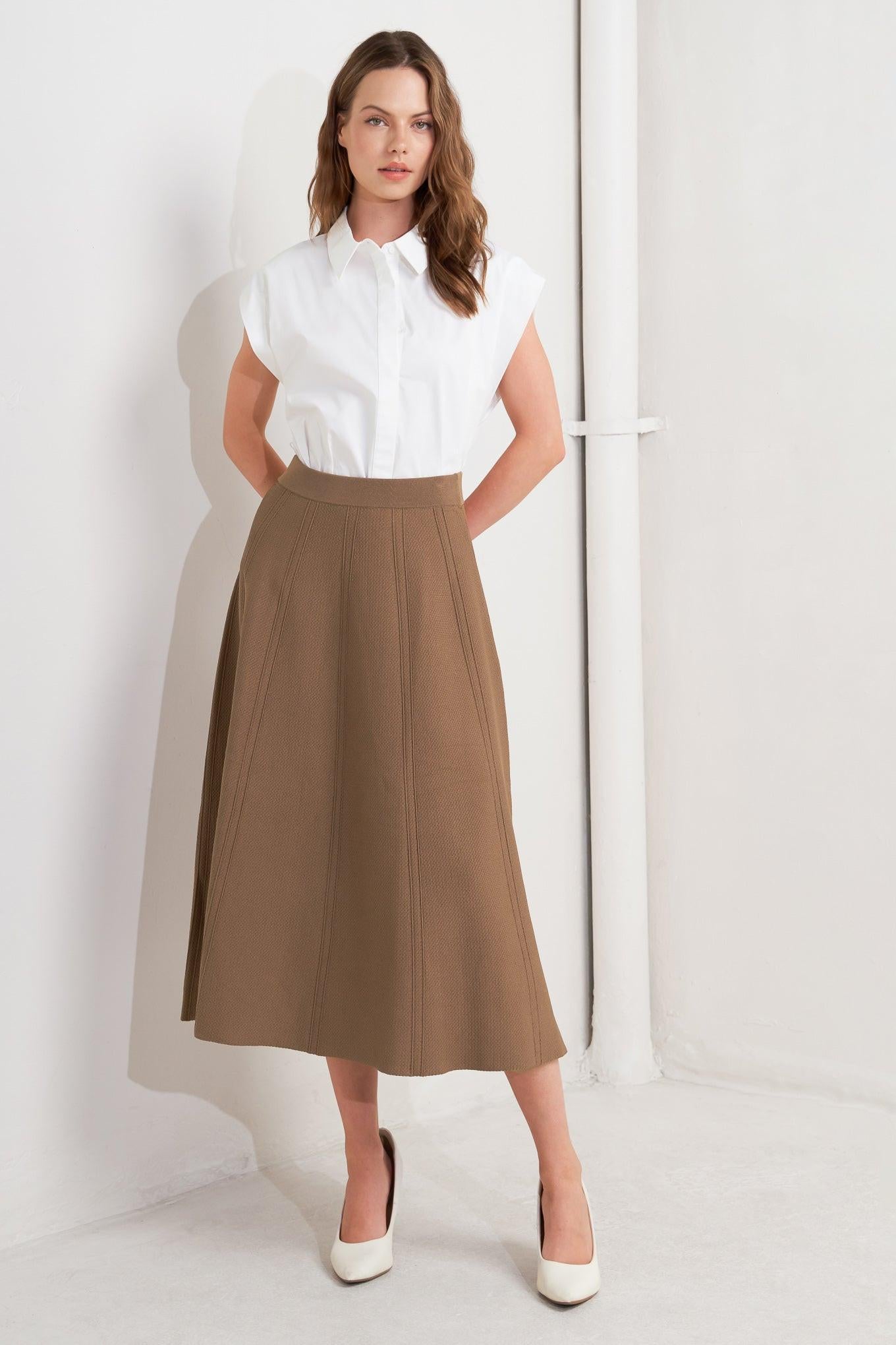 Latte Lane Sweater Knit Circle Skirt in camel, view 2 — Soul Flow Apparel