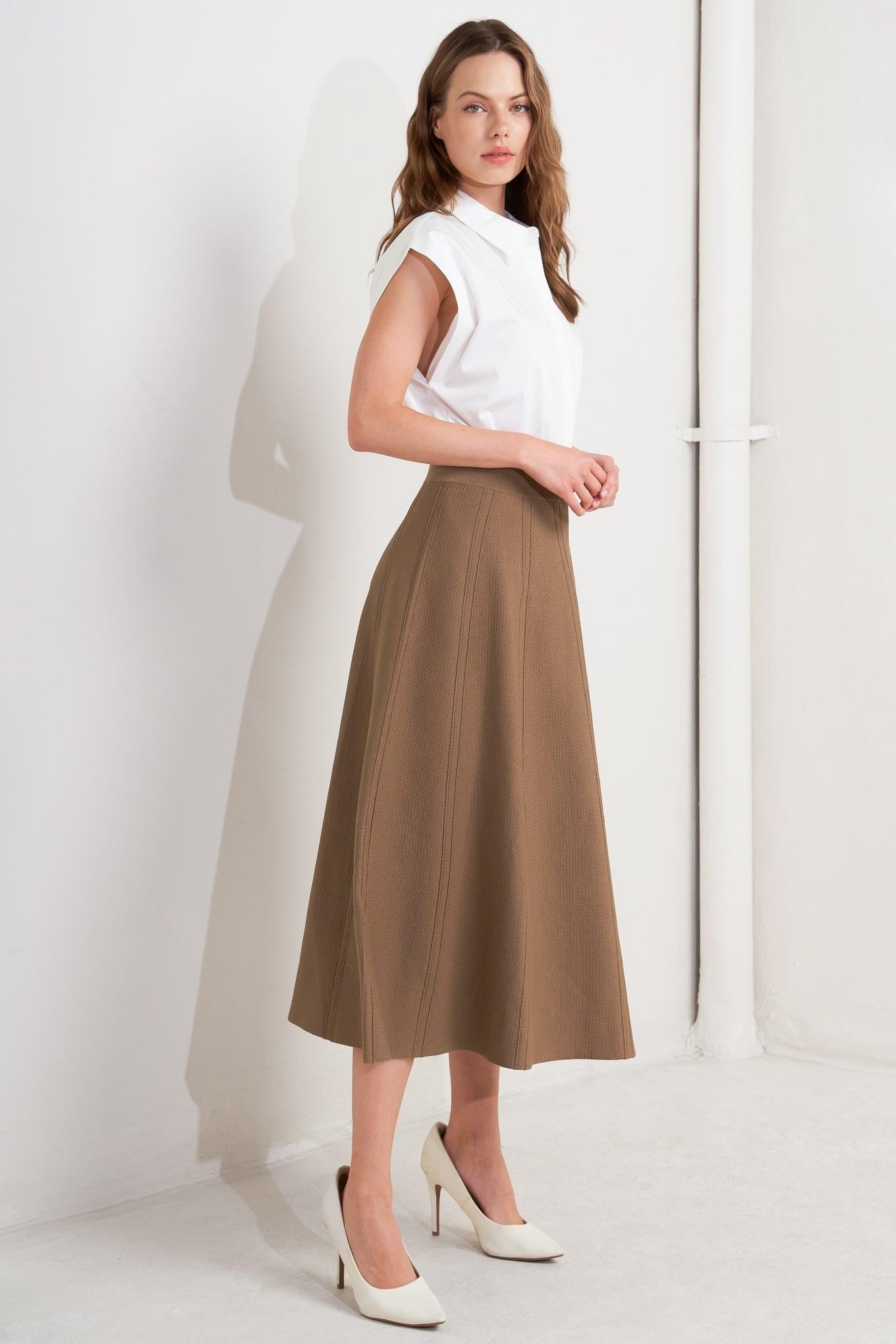 Latte Lane Sweater Knit Circle Skirt in camel, view 4 — Soul Flow Apparel