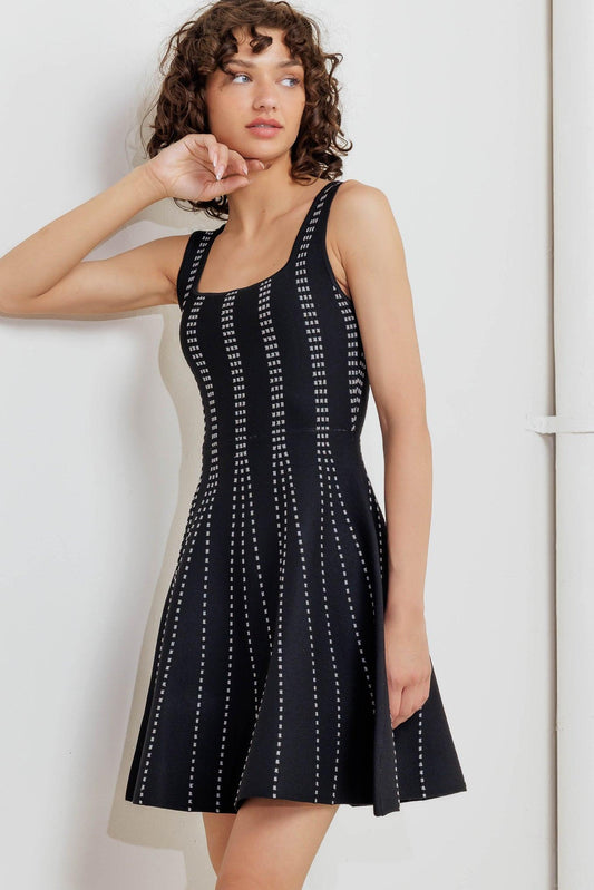 Sugar Stripe Jacquard Sweater Mini Dress in black silver, view 3 — Soul Flow Apparel
