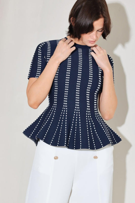 Evening Rustle Jacquard Sweater Top in navy white, view 2 — Soul Flow Apparel