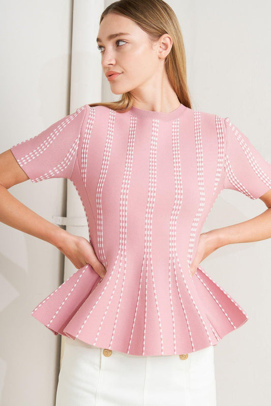 Evening Rustle Jacquard Sweater Top in pink white, view 5 — Soul Flow Apparel