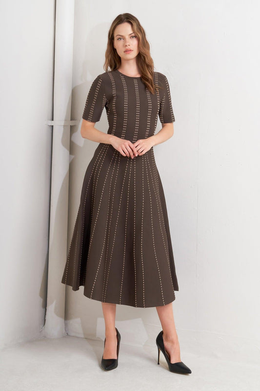 Dot Dance Sweater Knit Midi Dress in brown, view 1 — Soul Flow Apparel