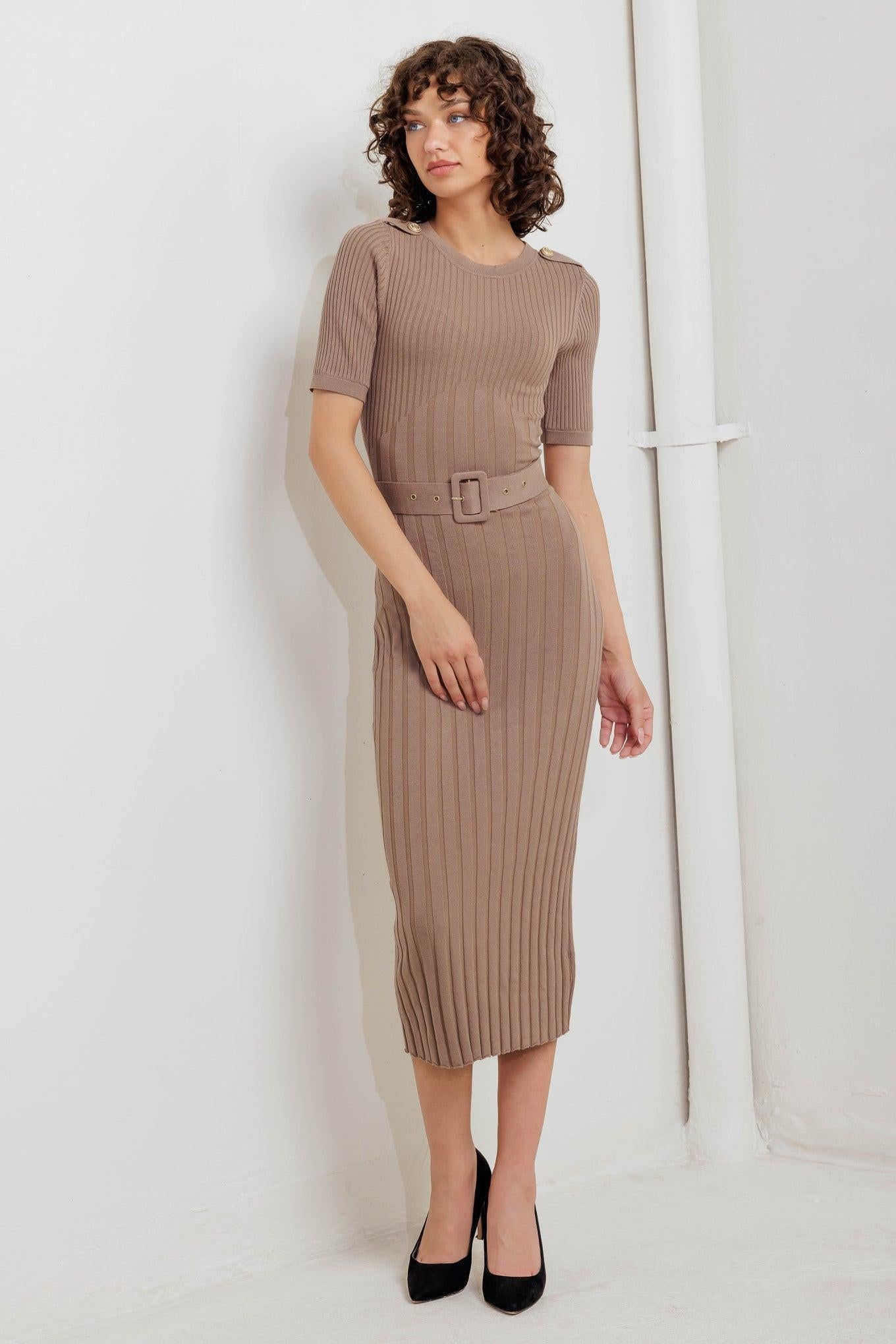 Structured Chic Sweater Midi Dress in mocha, view 1 — Soul Flow Apparel