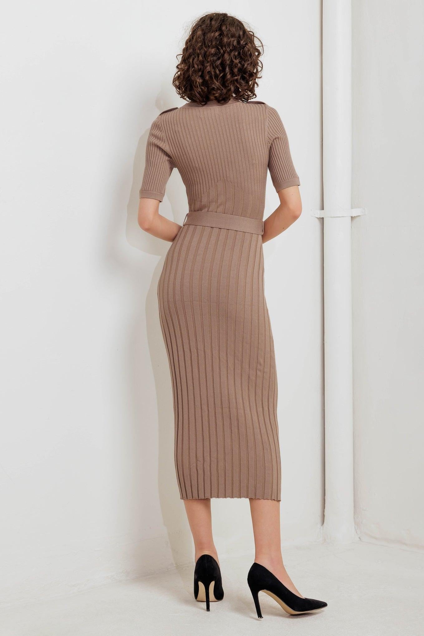 Structured Chic Sweater Midi Dress in mocha, view 5 — Soul Flow Apparel