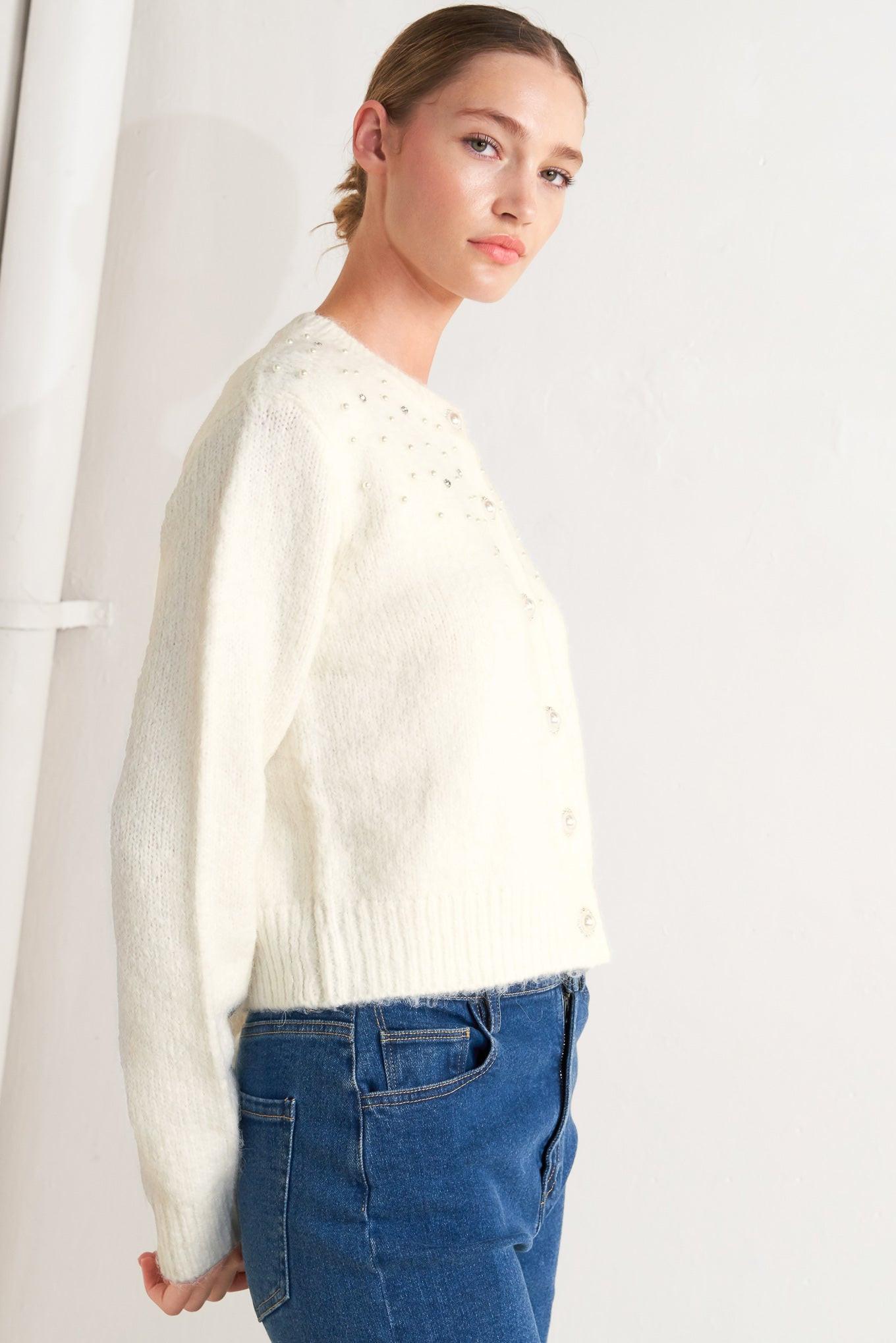 Angel Touch Sweater Knit Cardigan in ivory, view 4 — Soul Flow Apparel