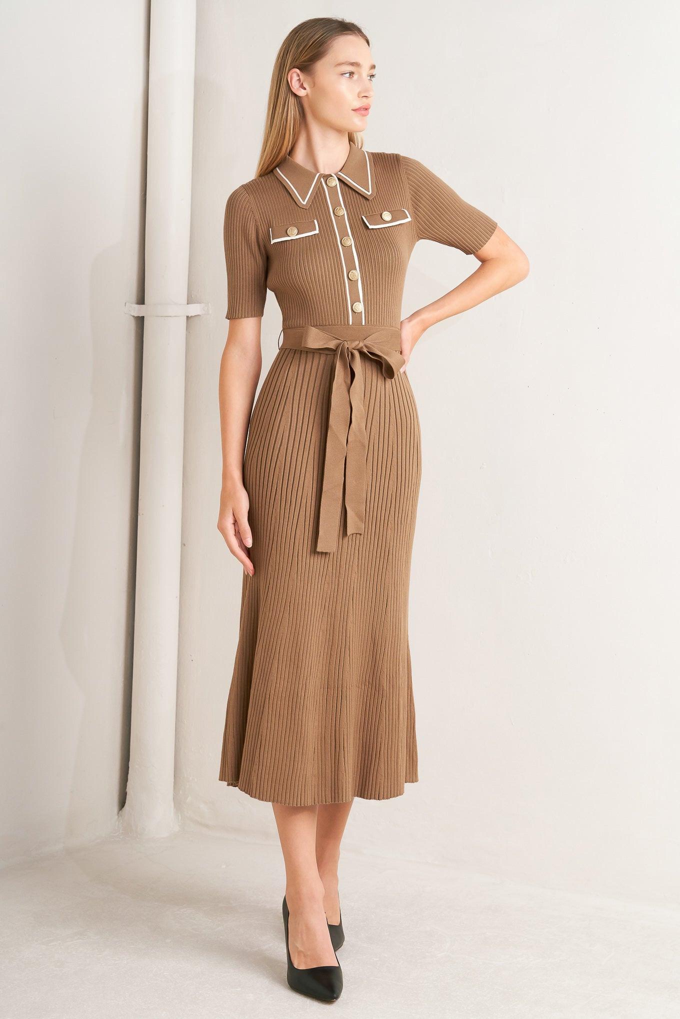 Parisian Inspired Style Sweater Knit Midi Dress in camel white, view 1 — Soul Flow Apparel