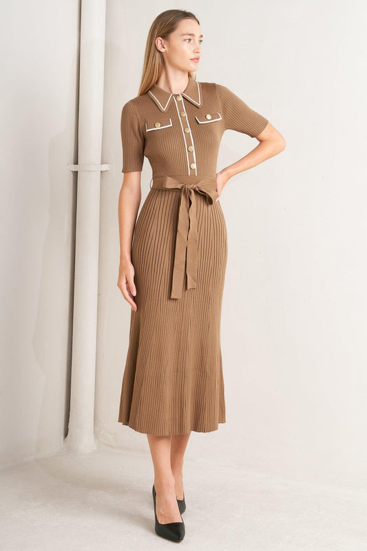 Parisian Inspired Style Sweater Knit Midi Dress in camel white, view 1 — Soul Flow Apparel