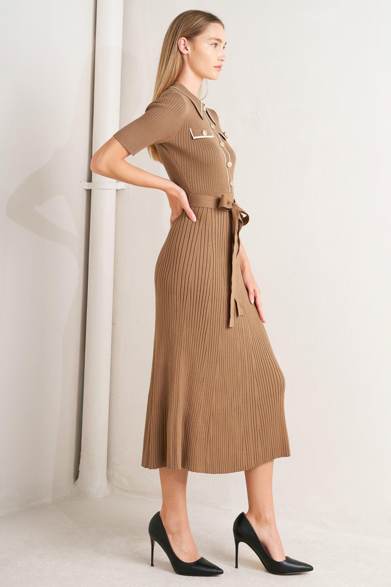 Parisian Inspired Style Sweater Knit Midi Dress in camel white, view 3 — Soul Flow Apparel