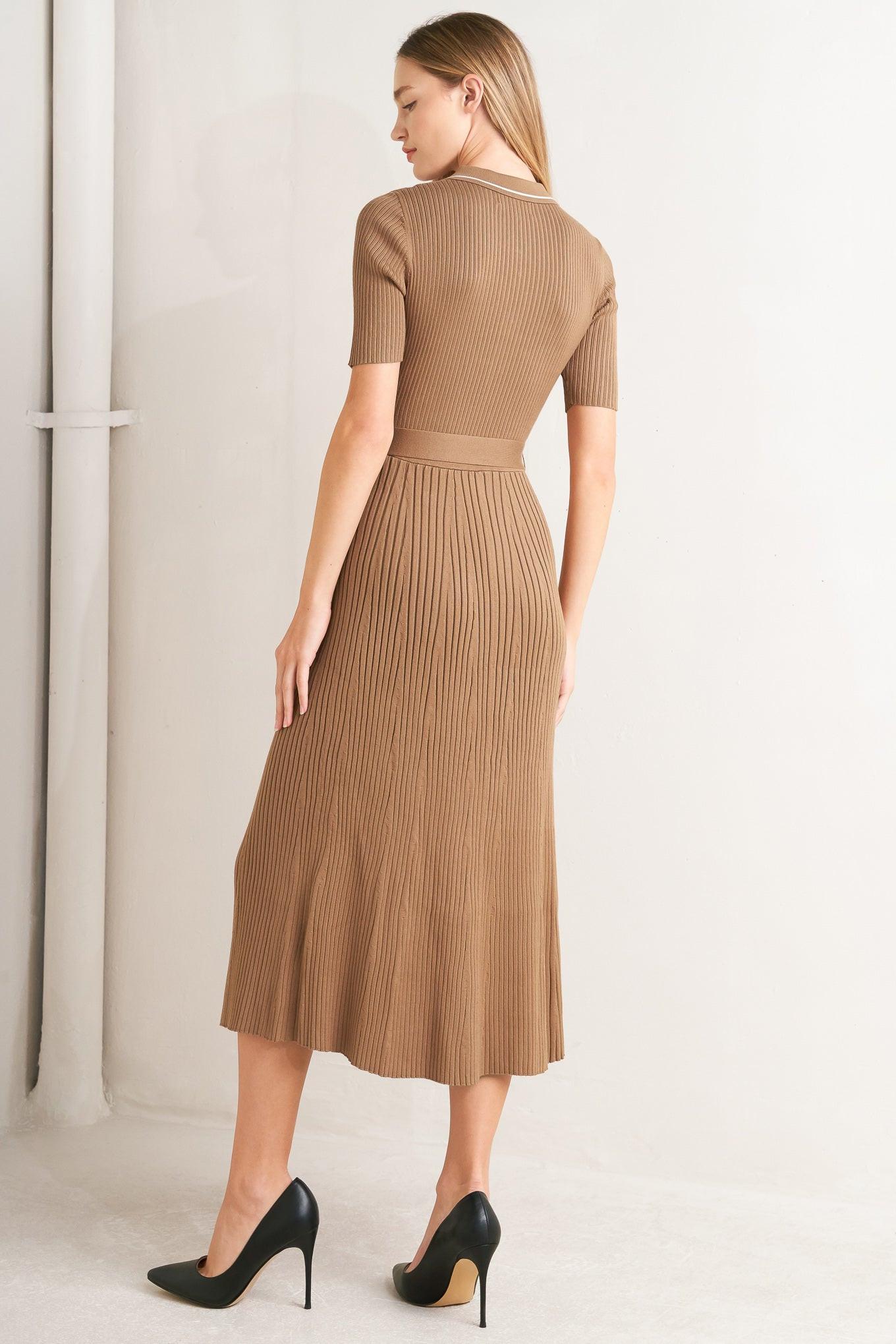 Parisian Inspired Style Sweater Knit Midi Dress in camel white, view 4 — Soul Flow Apparel