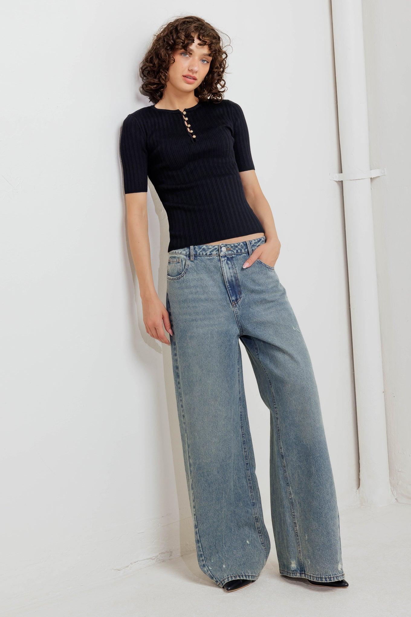 Modern Curl Sweater Knit Top in black, view 1 — Soul Flow Apparel