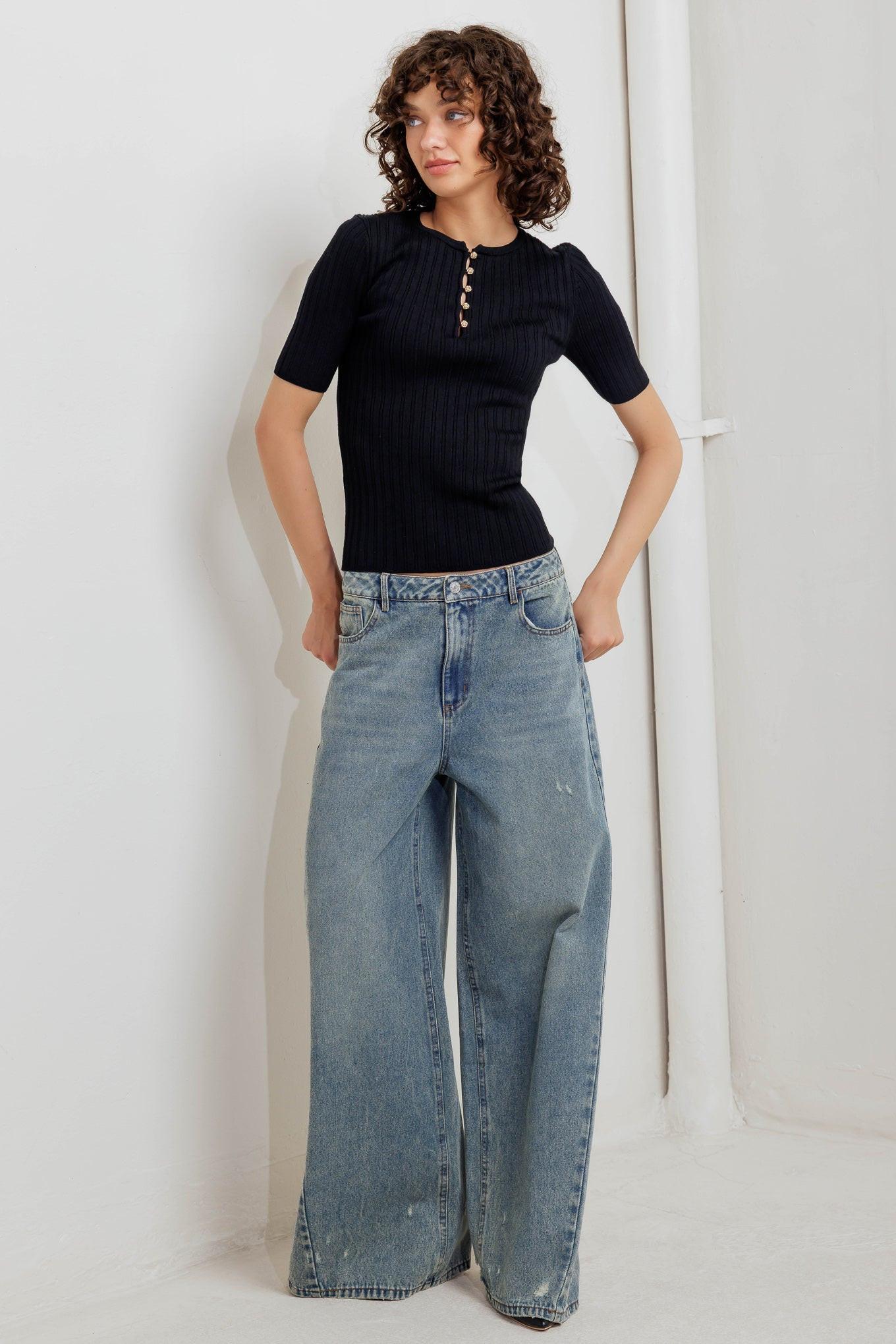 Modern Curl Sweater Knit Top in black, view 2 — Soul Flow Apparel