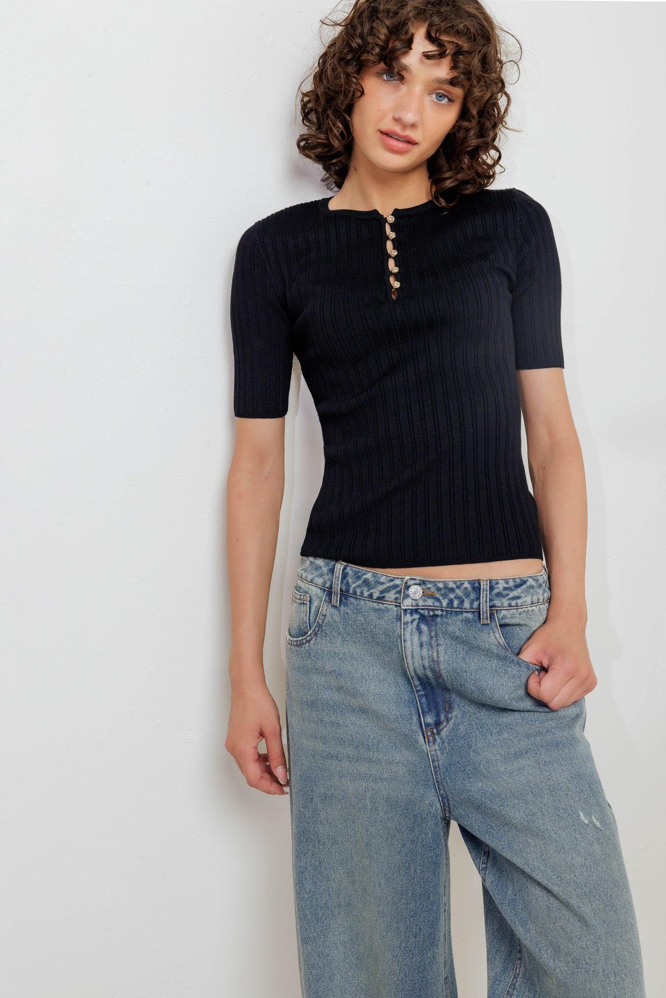 Modern Curl Sweater Knit Top in black, view 6 — Soul Flow Apparel