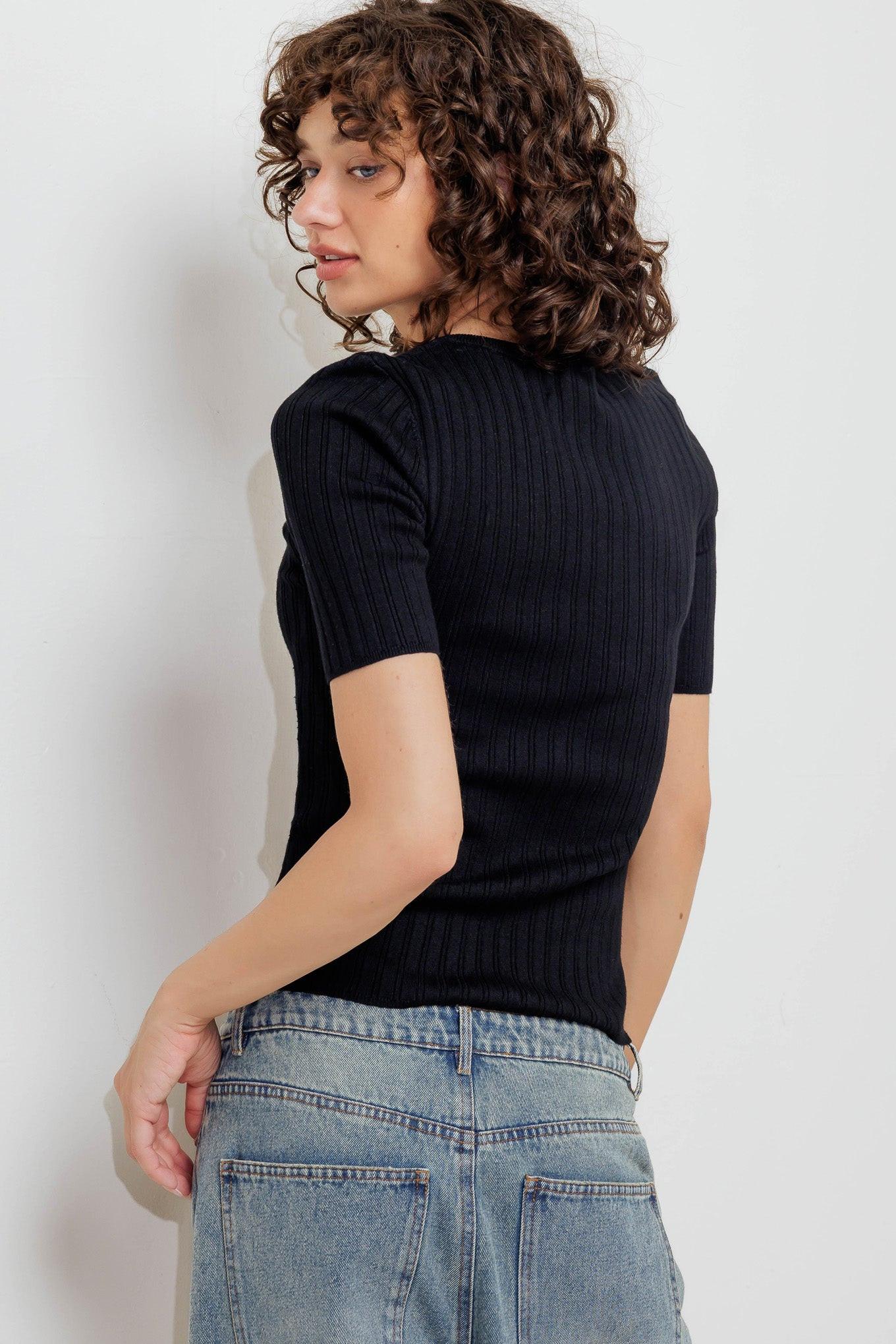 Modern Curl Sweater Knit Top in black, view 7 — Soul Flow Apparel