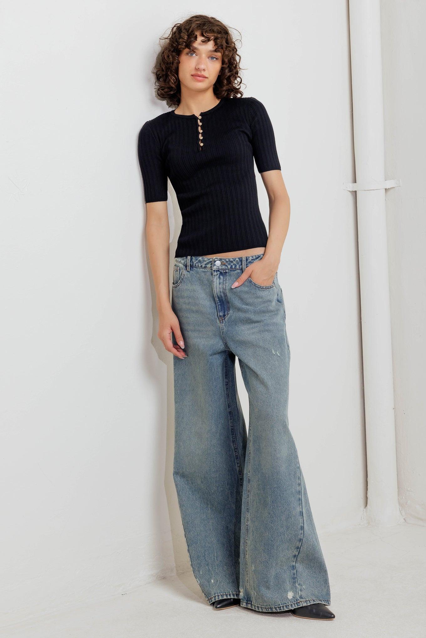 Modern Curl Sweater Knit Top in black, view 8 — Soul Flow Apparel