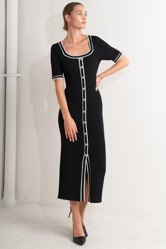 Modern Classic Sweater Knit Midi Dress in black white, view 3 — Soul Flow Apparel