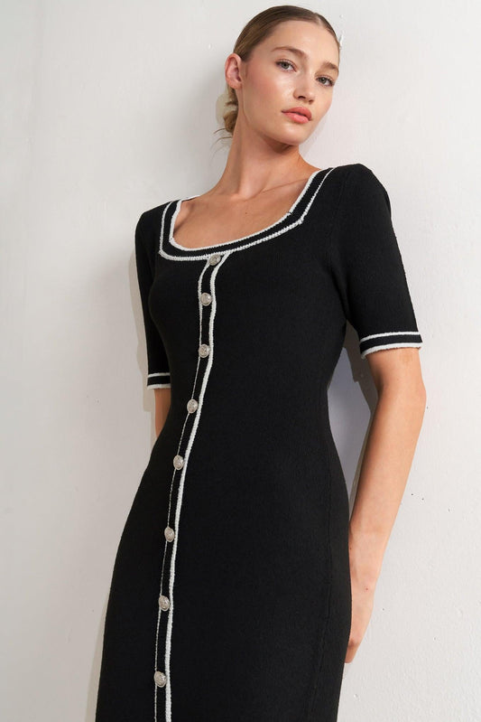 Modern Classic Sweater Knit Midi Dress in black white, view 7 — Soul Flow Apparel