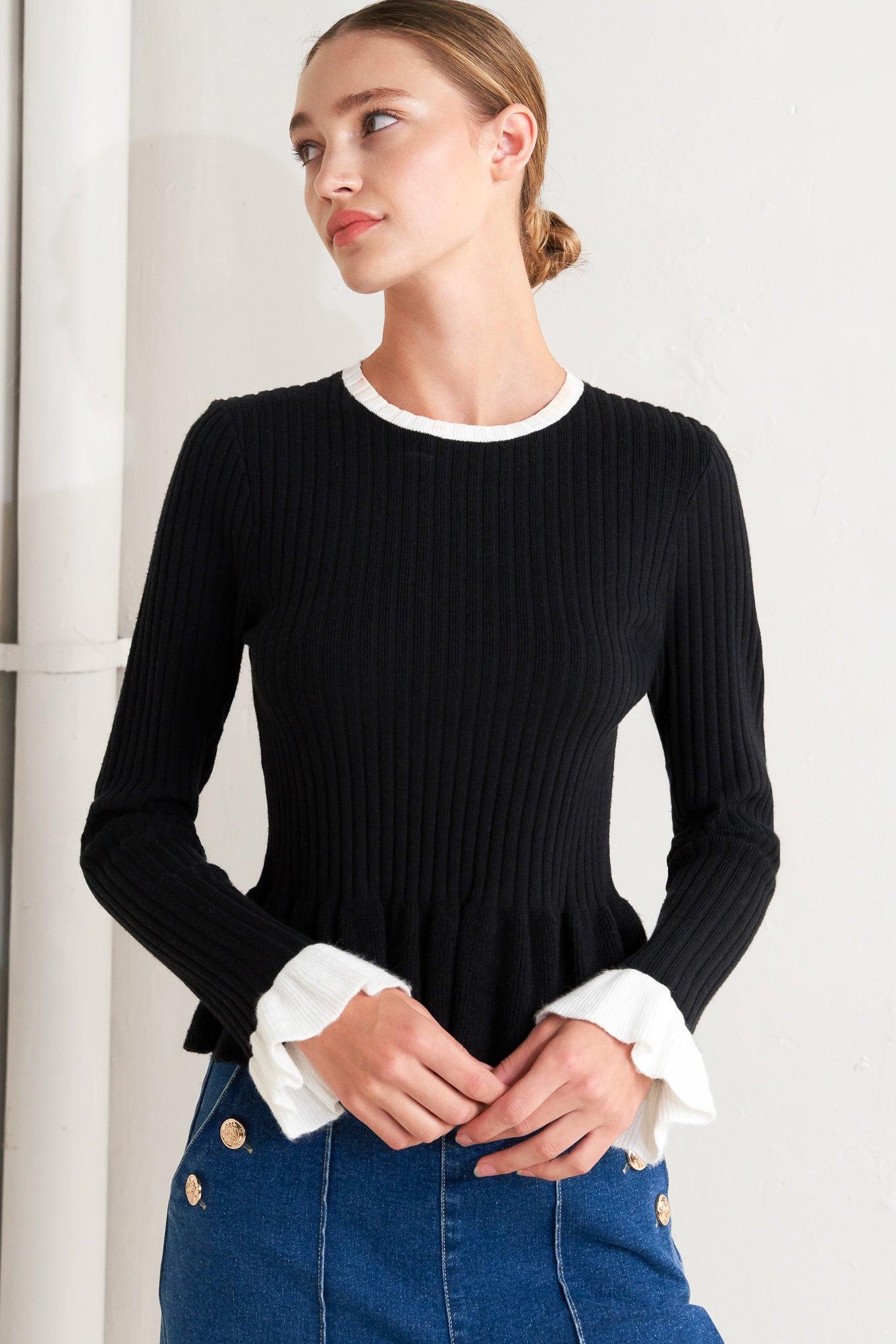 Delicate Edge Sweater Knit Top in black, view 1 — Soul Flow Apparel
