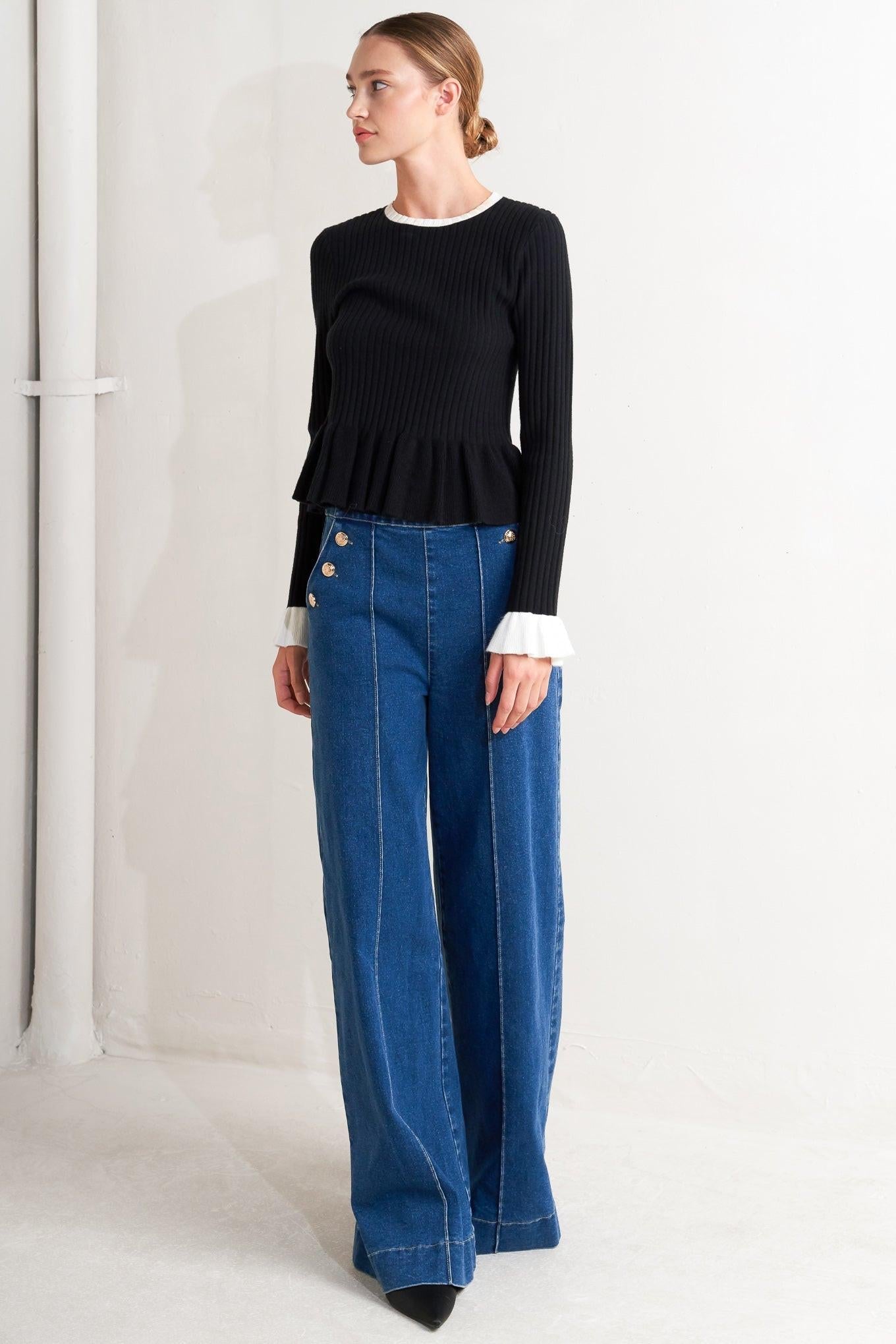 Delicate Edge Sweater Knit Top in black, view 3 — Soul Flow Apparel