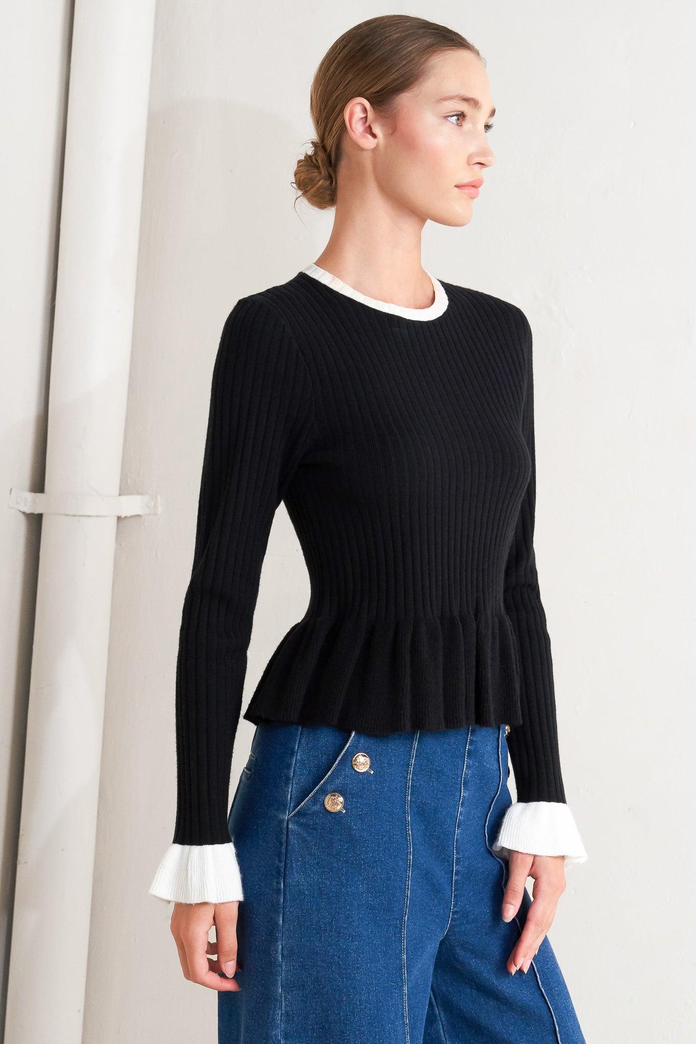 Delicate Edge Sweater Knit Top in black, view 4 — Soul Flow Apparel