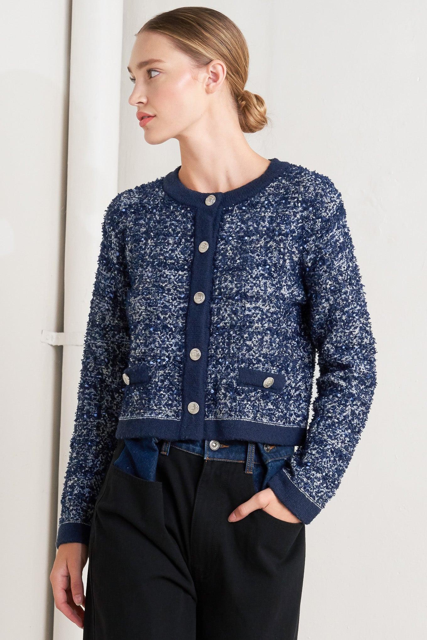 Boutique Glance Sweater Knit Cardigan in blue multi, view 1 — Soul Flow Apparel