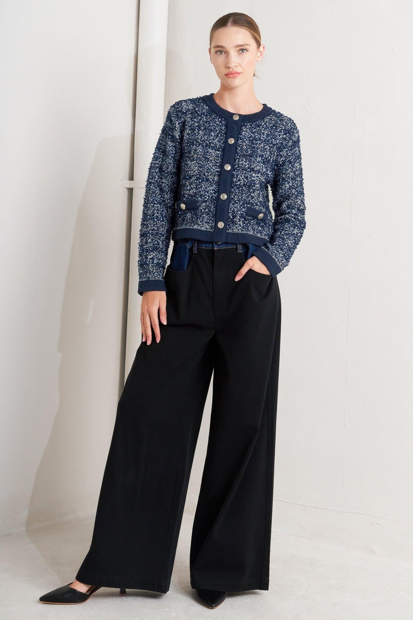 Boutique Glance Sweater Knit Cardigan in blue multi, view 2 — Soul Flow Apparel