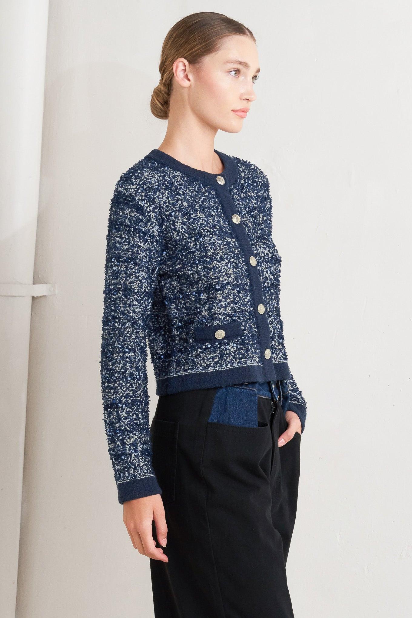 Boutique Glance Sweater Knit Cardigan in blue multi, view 4 — Soul Flow Apparel