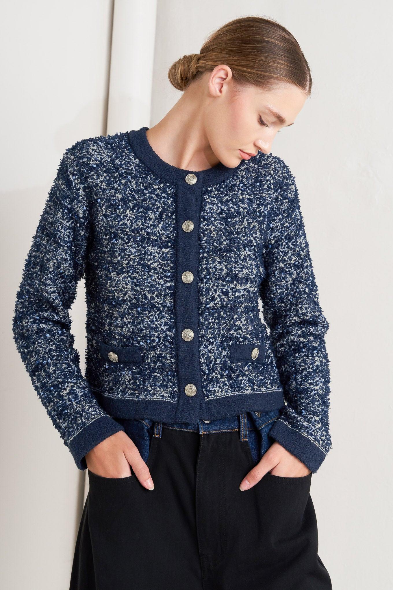 Boutique Glance Sweater Knit Cardigan in blue multi, view 5 — Soul Flow Apparel