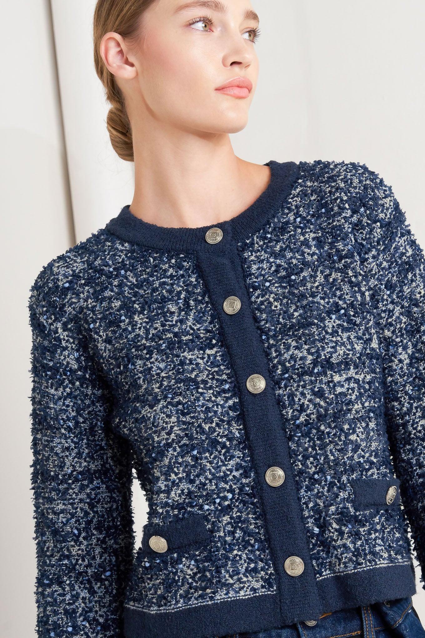 Boutique Glance Sweater Knit Cardigan in blue multi, view 7 — Soul Flow Apparel