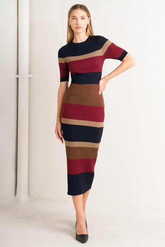 Fall Rhythm Color Blocked Midi Sweater Dress in black burgundy, view 3 — Soul Flow Apparel