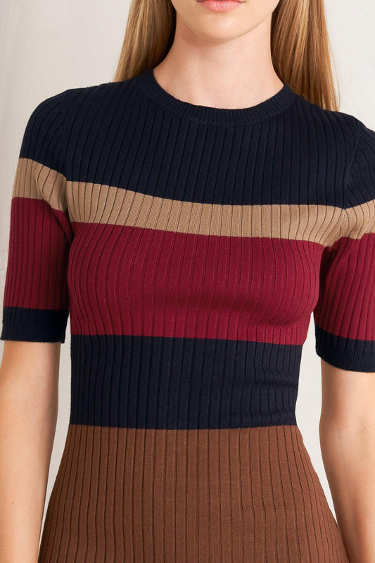 Fall Rhythm Color Blocked Midi Sweater Dress in black burgundy, view 7 — Soul Flow Apparel