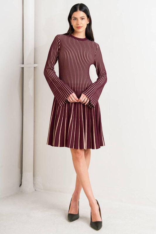 Vertical Grace Sweater Mini Dress in burgundy multi, view 1 — Soul Flow Apparel