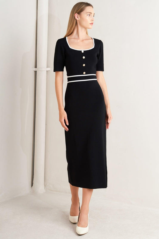Elegant Frame Sweater Knit Midi Dress in black white, view 1 — Soul Flow Apparel