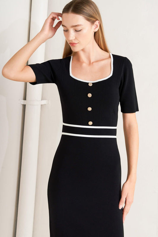 Elegant Frame Sweater Knit Midi Dress in black white, view 2 — Soul Flow Apparel