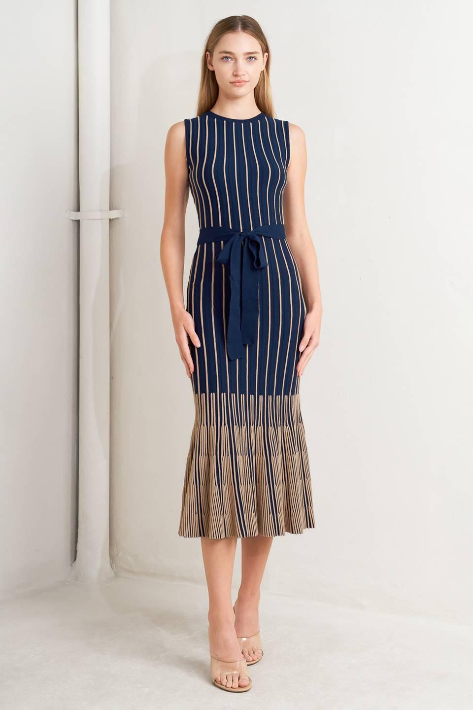 Smooth Weighted Feel Knit Midi Dress in navy taupe, view 1 — Soul Flow Apparel