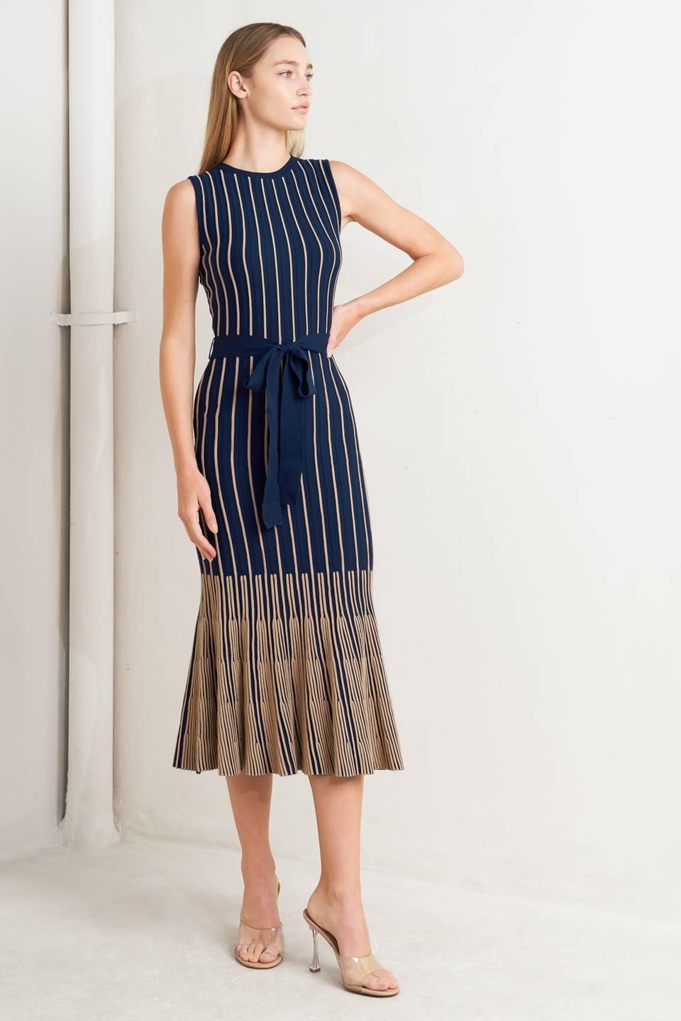 Smooth Weighted Feel Knit Midi Dress in navy taupe, view 2 — Soul Flow Apparel