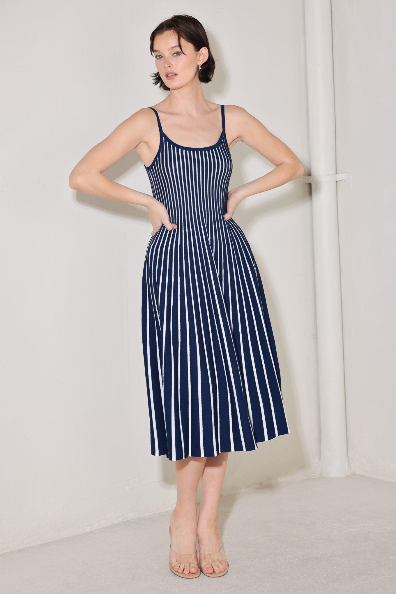 Boardwalk Beauty Sweater Midi Dress in navy white, view 2 — Soul Flow Apparel