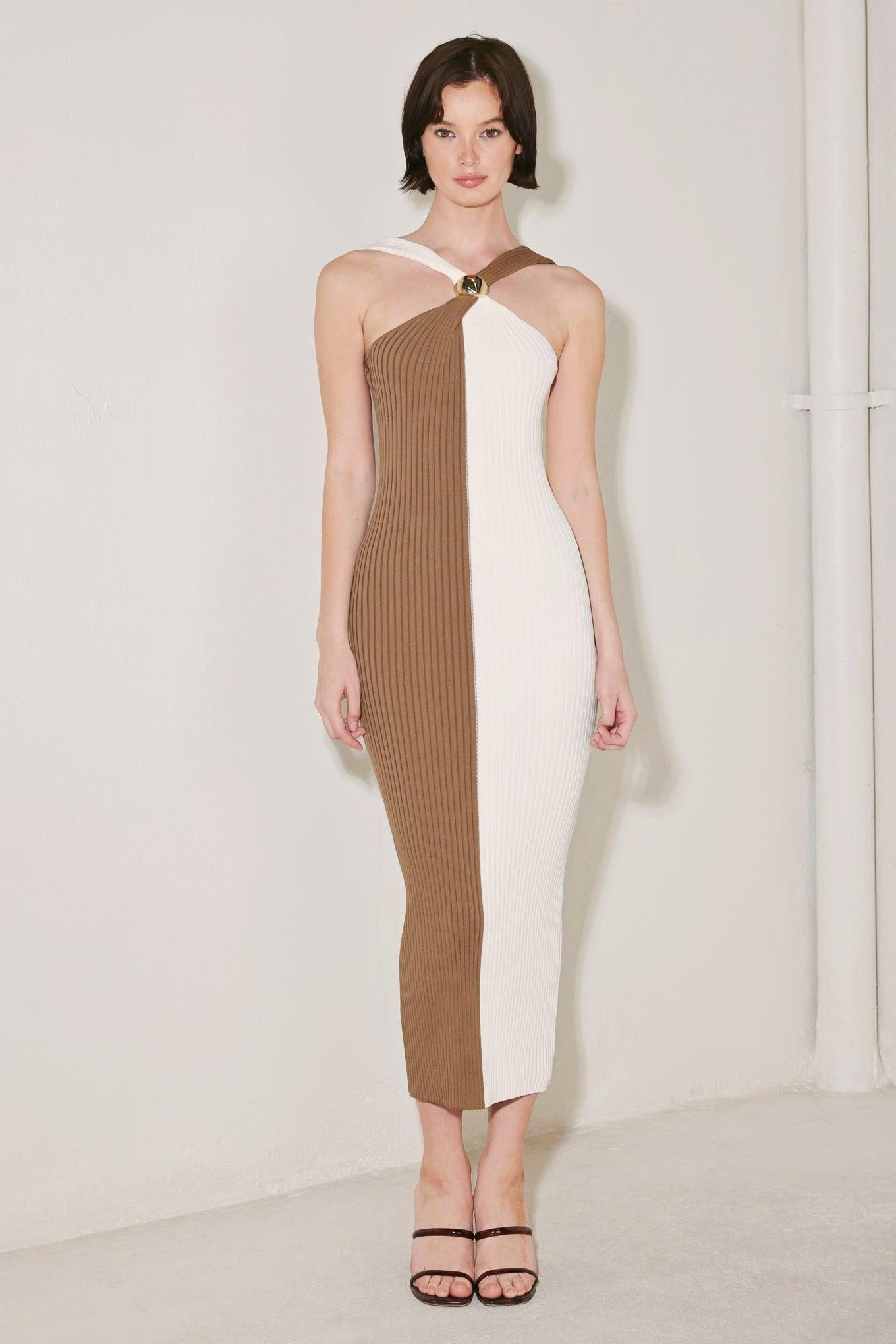 Headliner Energy Sweater Knit Midi Dress in cream brown, view 1 — Soul Flow Apparel