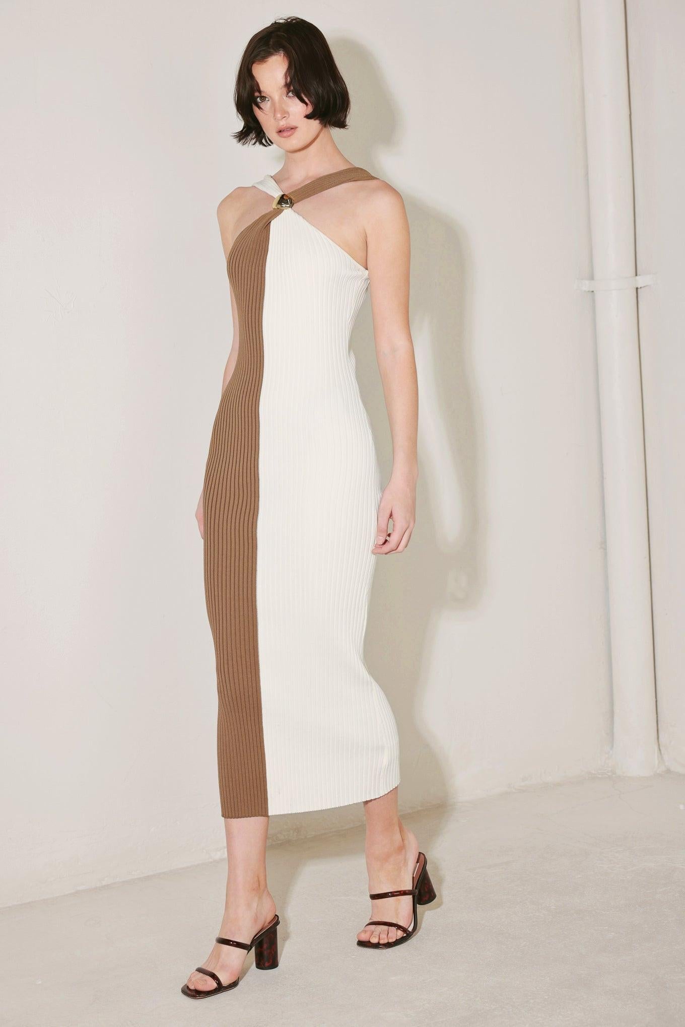 Headliner Energy Sweater Knit Midi Dress in cream brown, view 5 — Soul Flow Apparel