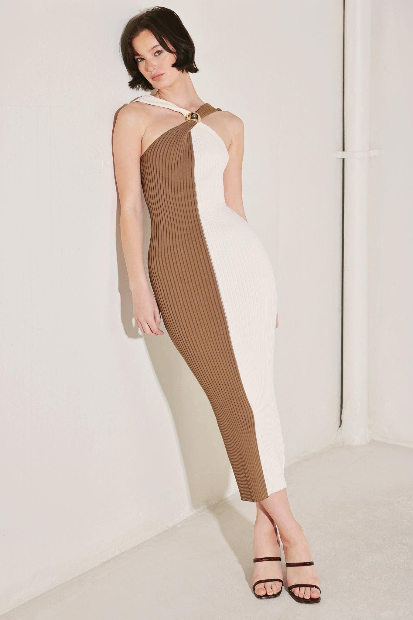 Headliner Energy Sweater Knit Midi Dress in cream brown, view 7 — Soul Flow Apparel