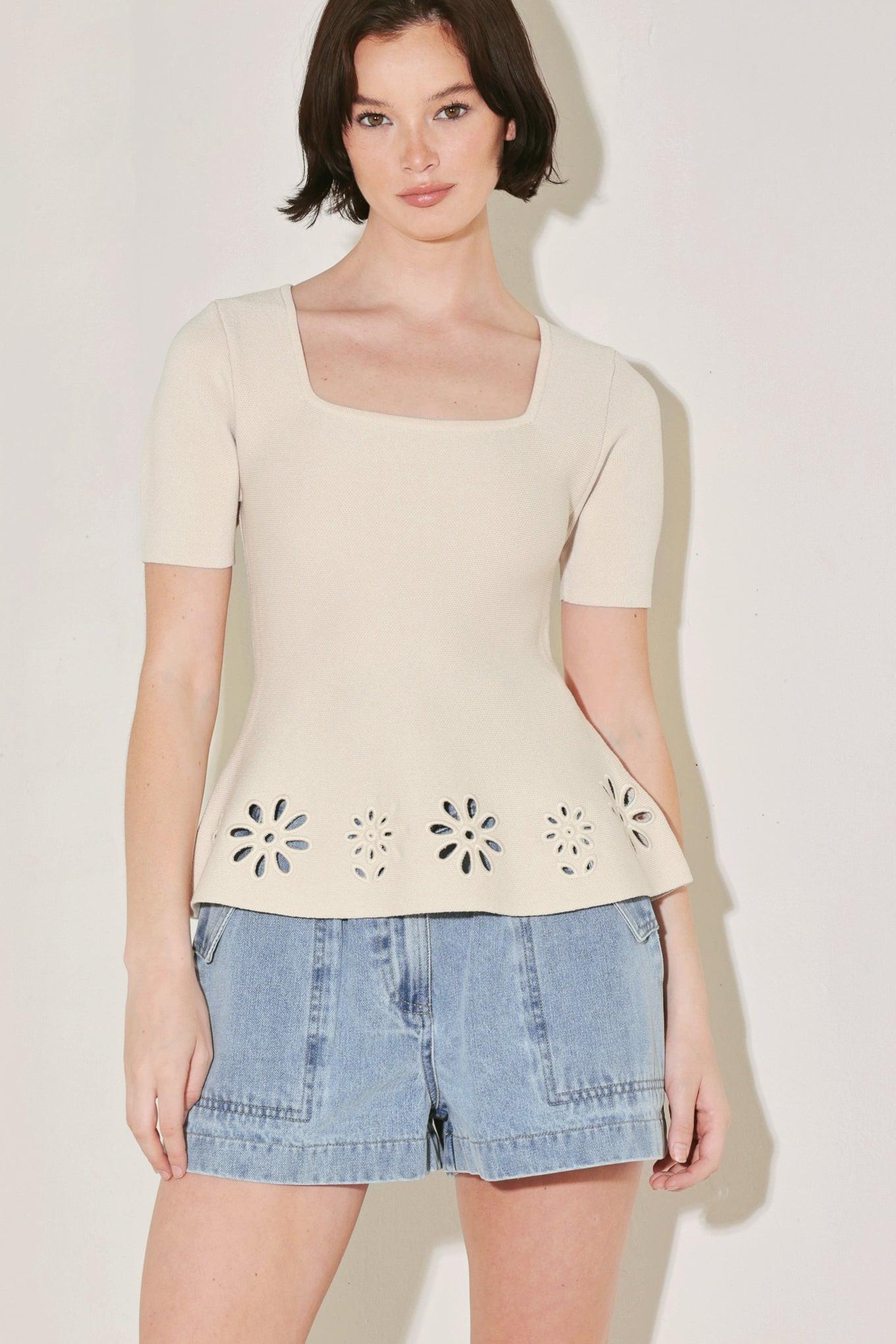 Summer Crush Edit Sweater Knit Top in beige cream, view 1 — Soul Flow Apparel