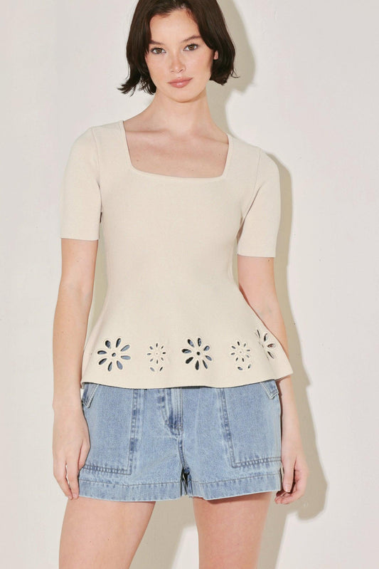Summer Crush Edit Sweater Knit Top in beige cream, view 1 — Soul Flow Apparel